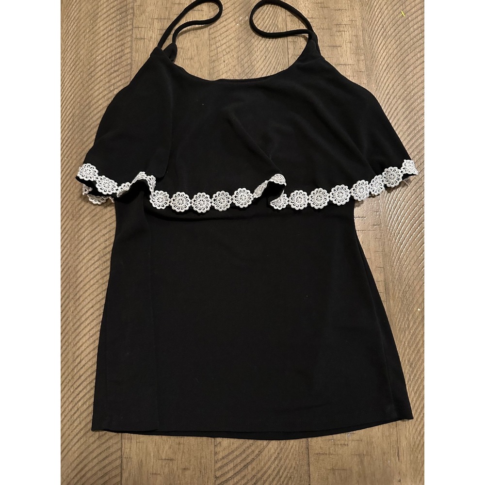 Primi Boho Coquette Ruffle Tank Top - Black with Contrast Lace - Size S/XS‎